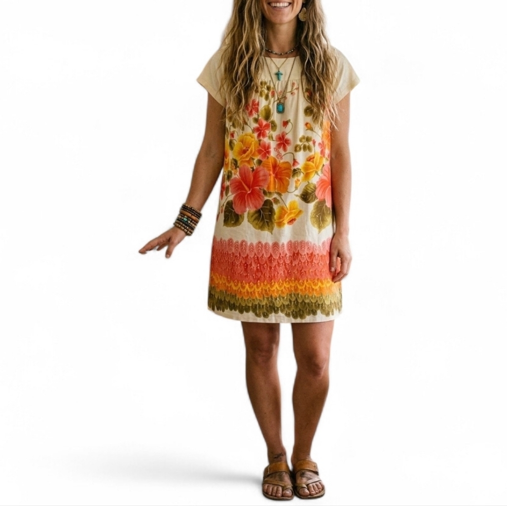 Jill Stuart Yellow Hibiscus Floral Hawaiian Swing Dress Pockets Large Vintage